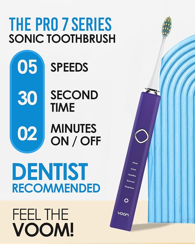 Voom Sonic Pro 7 Electric Toothbrush for Adults Sonicare Electric Toothbrush with 40000 VPM w/ 5 Deep Clean Modes Rechargeable Toothbrushes Fast Charge 4 Hours Last 8-Weeks