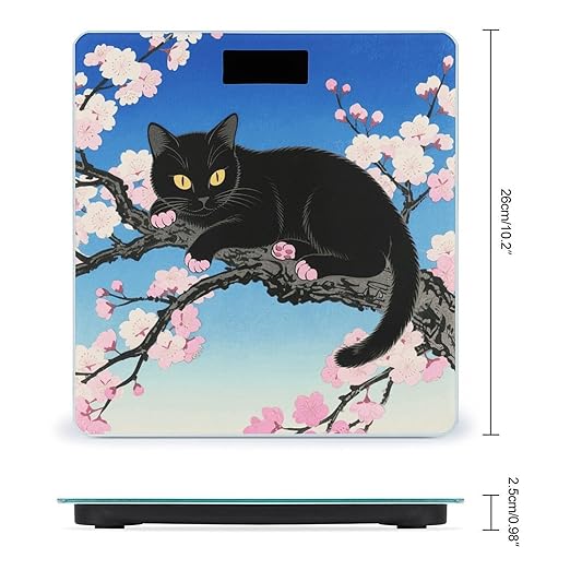 Black Cat Floral Scale for Body Weight Sturdy Tempered Glass Weighing Scales with LCD Display Accurate Digital Bathroom Scale Convenient Body Fat Smart Scales Easy Read