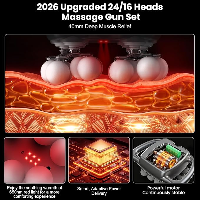 24 &amp 16 Head Massage Gun Deep Tissue Body Massage for Back Shoulders Neck Legs Foot Massage Gun deep Tissue Percussion Massager with 9 Modes &amp 30 Levels Body Muscle Pain Relief