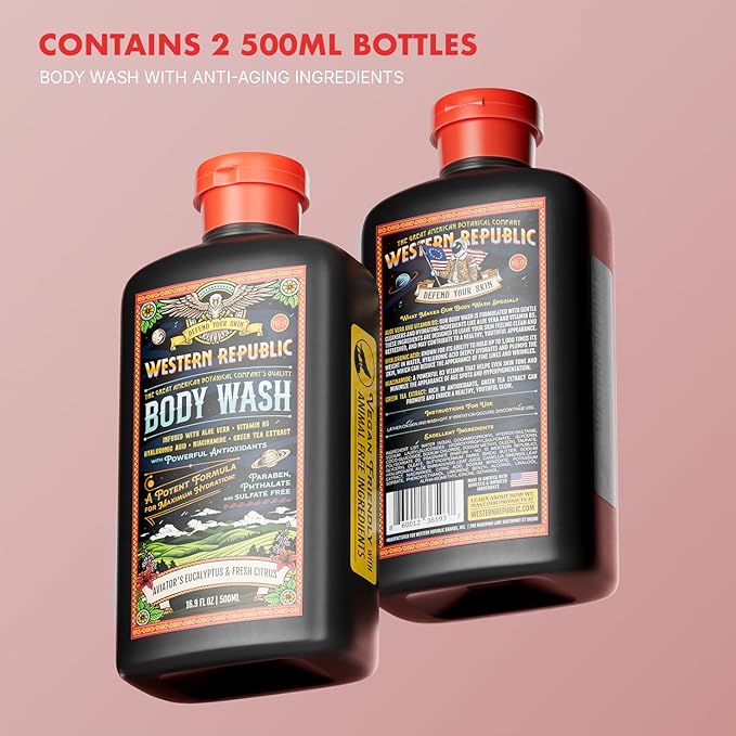 Men's Body Wash | Aviator's Eucalyptus &amp Fresh Citrus Scent | Hydrating &amp Anti-Aging Formula with Aloe Niacinamide &amp Hyaluronic Acid (2 Pack) | Made in USA