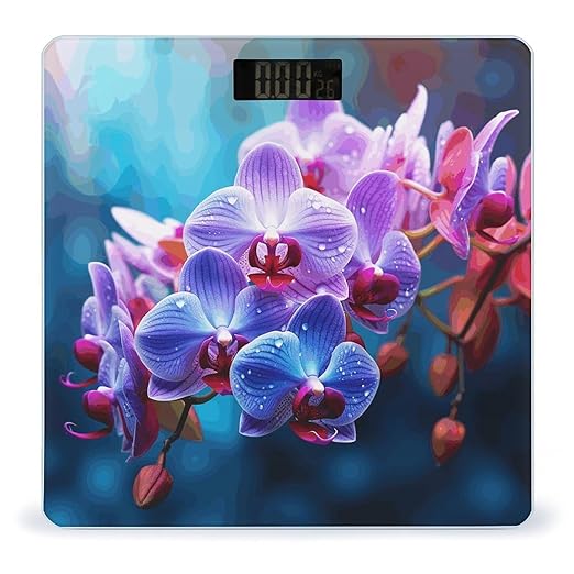 Colorful Orchids Flower Scale for Body Weight Safe Rounded Corners Tempered Glass Digital Bathroom Scale LED Display 400lb Capacity Weight Scales with High Precision Sensors