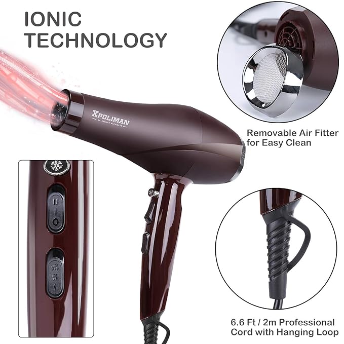Xpoliman 2000 Watt Hair Dryer Negative Ionic Blow Dryer with Diffuser Concentrator Comb 2 Speed 3 Heat Settings Low Noise Long Life Style-Brown/Purple