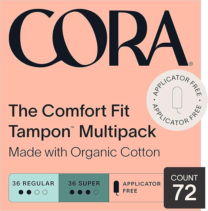 Cora Organic Feminine Care | Applicator and Non-Applicator Tampon Packs | Ultra-Absorbent Unscented Natural Non-Toxic | 72 Regular 72 Super Absorbency Tampons | Bundle Pack