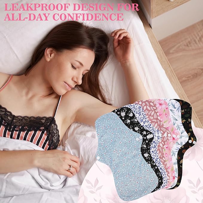 PHOGARY 7 Pack Reusable Menstrual Pads Large Sanitary Pads Set for Heavy Flow with 1 Wet Bag Washable Overnight Cloth Panty Liners with Wings for Women 33cm