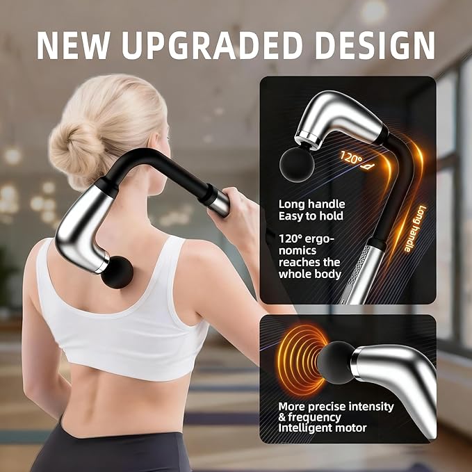 Massage Gun with Upgraded Extension HandleBack Massage Gun Deep TissueBack Massager for Pain Relief for Muscles Neck Shoulders Waist Arm Legs Foot4 Replaceable Heads &amp 9 Speeds (Silver)