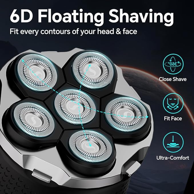 Electric 6D Floating Head Shavers for Bald Men Magnetic Rotary Shaver for Men FaceWet Dry IPX6 Men's Razor LED Display Rechargeable with USB-C Charge