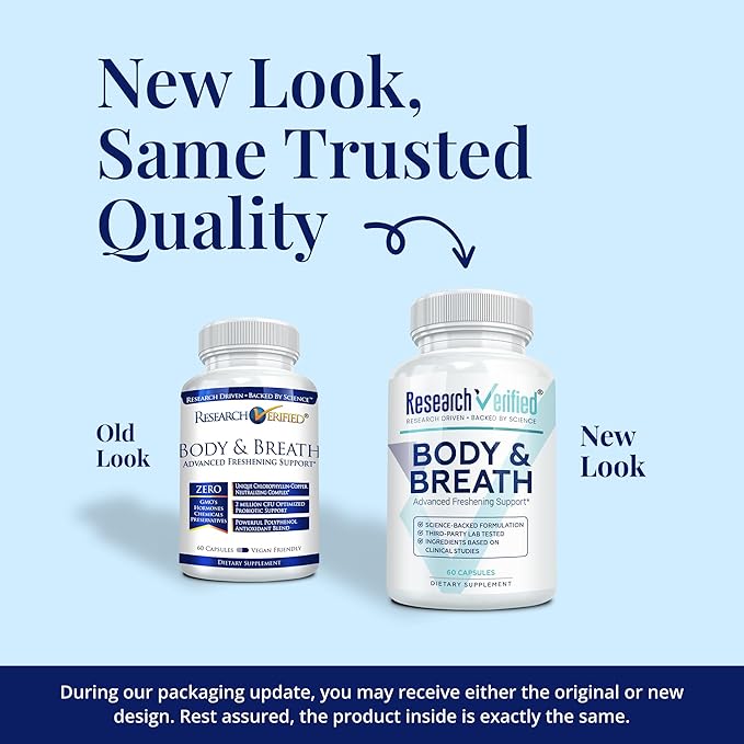 Research Verified Body &amp Breath Natural Deodorant &amp Freshener - Bad Breath &amp Body Odor Supplement - 60 Count (3 Months Supply)