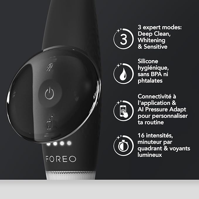 FOREO ISSA 4 Plus Sonic Electric Toothbrush - 4-in-1 AI-Guided Rechargeable Toothbrush Bundle with Extra Silicone &amp Polymer Hybrid Brush Head Soft Bristles Whitening Teeth - Black