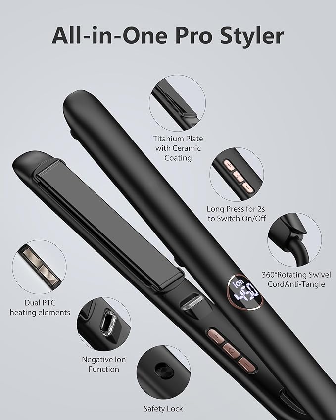 Hair Straightener 1 Inch Flat Iron Hair Straightener and Curler 2 in 1 Professional Ceramic Ionic Dual Voltage Flat Iron with Anti-Iron Silicone for Less Frizz Shinier &amp Smoother Hair