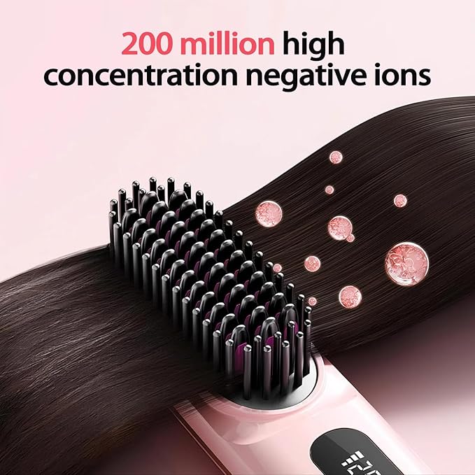 Cordless Hair Straightener Brush -Portable Mini Hair Straightener Comb Dual Voltage Travel Straightening Brush with 3 Temp-Settings Ultra-Lightweight &amp Travel-Ready Pink