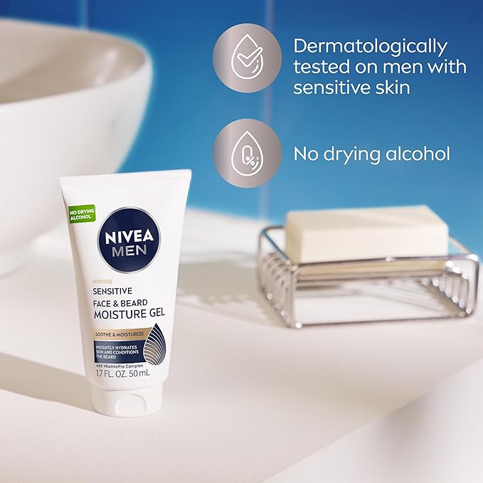 NIVEA MEN Sensitive Face and Beard Moisture Gel Gentle Face and Beard Moisturizer for Men Instantly Hydrates Skin and Conditions Beards 1.7 Fl Oz Tube Pack of 3