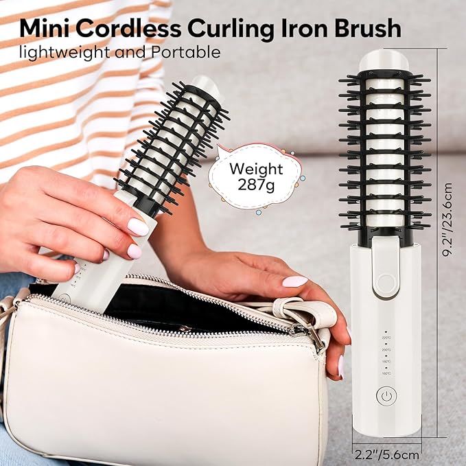 Cordless Curling Iron Brush Mini Travel Hot Straightener Comb Curl Brush Rechargeable 4 Temps Cordless Wand Blush with 200 Million Negative Ions for Curls Straightening Styling (White)
