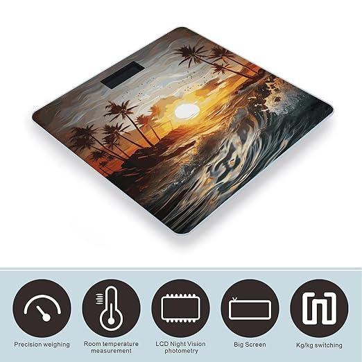 Palm Trees Ocean Waves Sunset Scale for Body Weight Anti-Slip Digital Bathroom Scale Sturdy Toughened Glass Weighing Scales High Precision Safe Rounded Corners Smart Scales