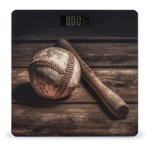 Baseball on Wooden Scale for Body Weight Safe Rounded Corners Tempered Glass Digital Bathroom Scale LED Display 400lb Capacity Weight Scales with High Precision Sensors