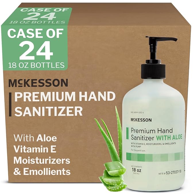 McKesson Hand Sanitizer with Aloe 18 oz Pump Bottle [Pack of 12] – Bulk 70% Ethyl Alcohol Spring Water Scent No-Rinse Gel with Vitamin E and Moisturizers Medical-Grade Sanitizer