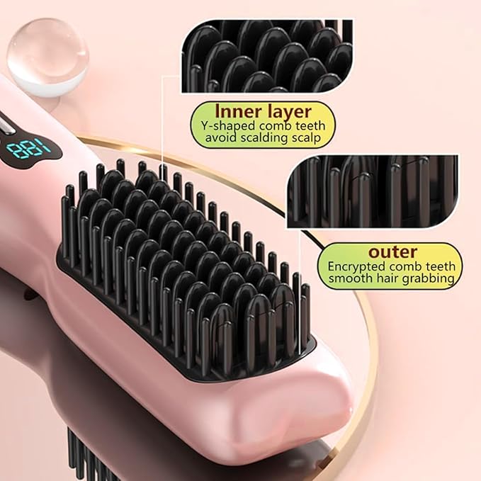 Cordless Hair Straightener Brush 11 Temperature Adjustment Fast Heating Antiscald Portable Straightening Brush for Different Hair Types