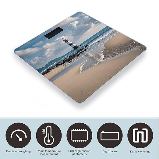 Sea Lighthouse Sandbeach Bathroom Scale for Body Weight LCD Display Digital Bathroom Scale Tempered Glass Bathroom Weight Scales Fashion Smart Scales for Home Bedroom 400 Lb