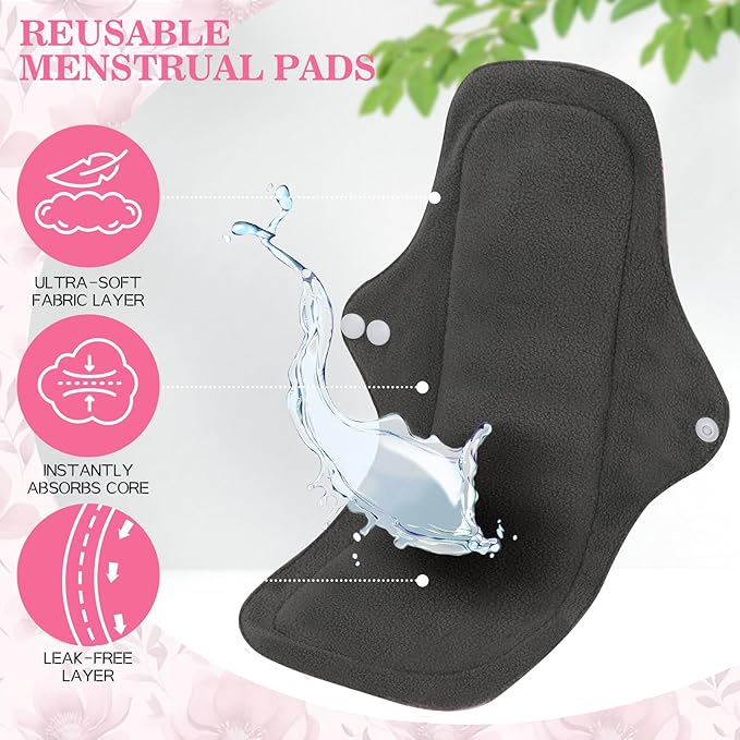 PHOGARY 7 Pack Reusable Menstrual Pads Large Sanitary Pads Set for Heavy Flow with 1 Wet Bag Washable Overnight Cloth Panty Liners with Wings for Women 33cm
