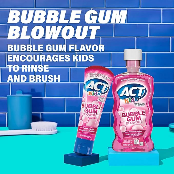 ACT Anticavity Kids Bubblegum Blowout Alcohol Free Fluoride Rinse 16.9 fl oz - Buy Packs and SAVE (Pack of 4)