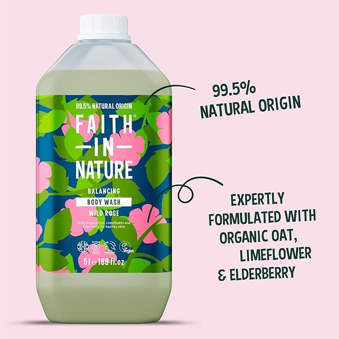 FAITH IN NATURE Natural Wild Rose Body Wash Restoring Vegan &amp Cruelty Free Parabens and SLS Free Refill Pack 5 L 5000011015401