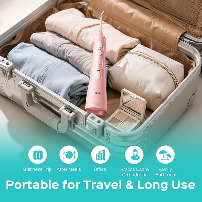 COSLUS C50 Portable Water Flosser for Teeth: 4 Modes &amp 5 Intensity Levels Professional Electric Dental Pick for Sensitive Gums Braces &amp Orthodontic - Cordless for Travel Use BPA-Free