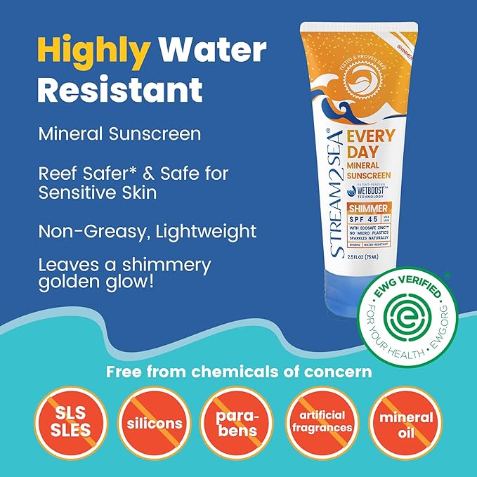 SPF 45 Every Day Shimmer Mineral Sunscreen | 2.5 Fl Oz Biodegradable Paraben Free &amp Reef Safe Sunscreen | Non-Greasy Lightweight &amp Shimmer Mineral Protection Against UVA &amp UVB for Face &