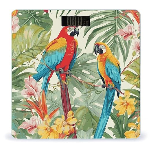 Tropical Plants and Parrots Scale with LCD Easy-to-Read Anti-Slip Weight Digital Bathroom Scale Precision Weighing Scales Sturdy Tempered Glass Body Weight Scales for Daily Use