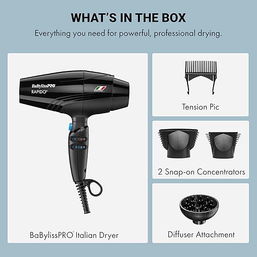 BaBylissPRO Hair Dryer Nano Titanium Rapido 2000-Watt Blow Dryer Hair Styling &amp Appliances Black BRAP1