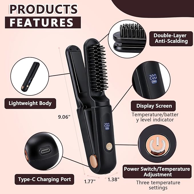 Cordless Hair Straightener Brush Portable Travel Hair Straightener 2 in 1 Cordless Mini Rechargeable Flat Iron &amp Hair Straightener Brush with Dust Cover Digital Display (Black)