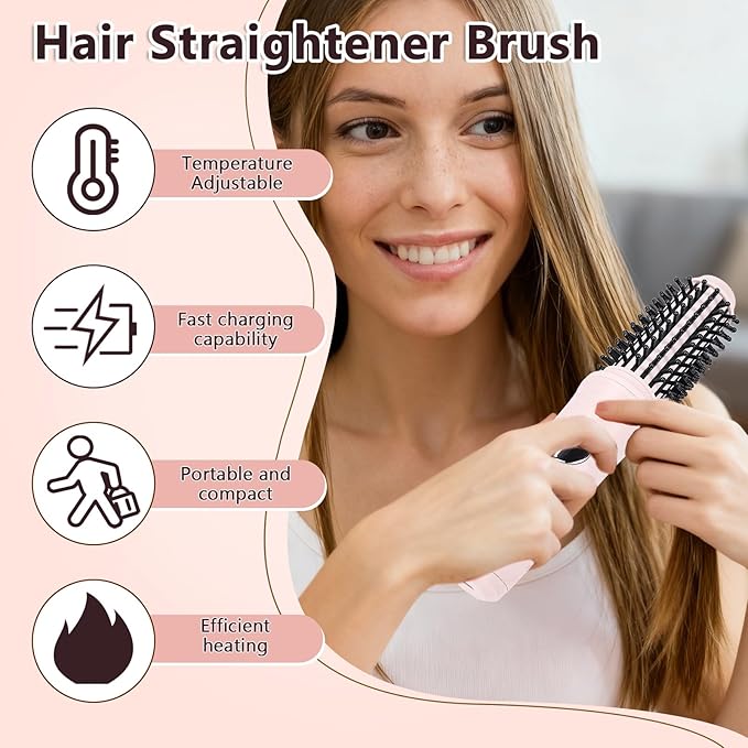 Cordless Hair Curling Iron Brush Heated Round Brush Curling Iron with 10 Temperature Control Rechargeable Travel Curlings Wand for All Hair Types
