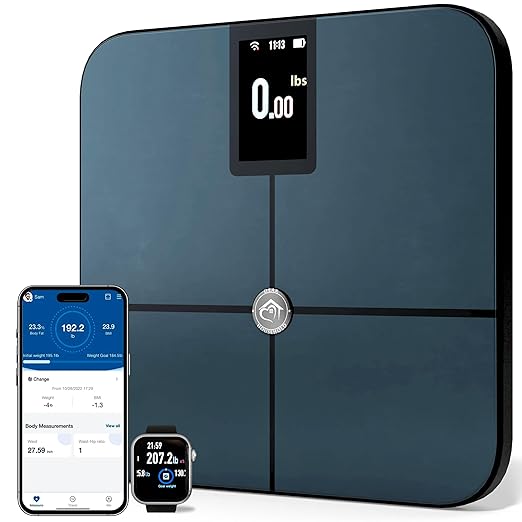 Premium Smart Digital Body Weight Scale - 4 Electrodes – 25+Metrics -Rechargeable- WiFi &amp Bluetooth - Full Body Analysis -Track Body Fat Muscle Mass Fat Percentage Sleek Design
