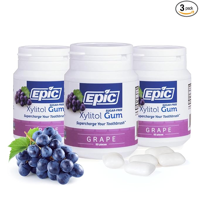 Epic 100% Xylitol Grape Chewing Gum - Sugar Free Aspartame Free Dental Gum - Supports Oral Health &amp Fresh Breath - 50 Pieces (Pack of 3)