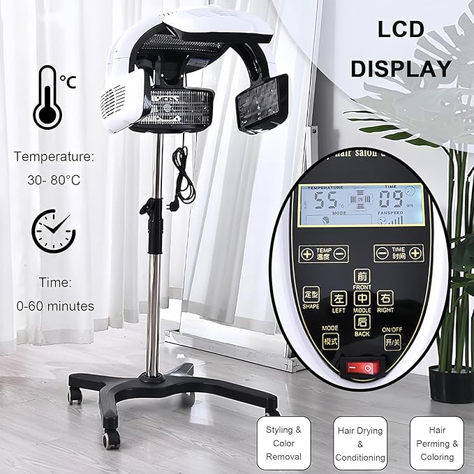 Profession Salon Perming Heater Hair Dryer Multifunctional Salon Hair Dryer Freestanding Hair Salon Steamer Hair Color Processor Adjustable up to 80℃ Height Adjustable from 130-155cm 110V