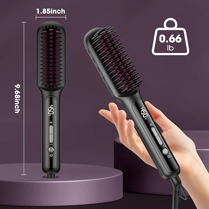 MiroPure Hair Straightener Brush with Plasma Technique Ceramic Straightening Brush with 16 Temp Settings 30s Fast Heating Hair Straightener Comb for Women with LED Display &amp Dual Voltage Black