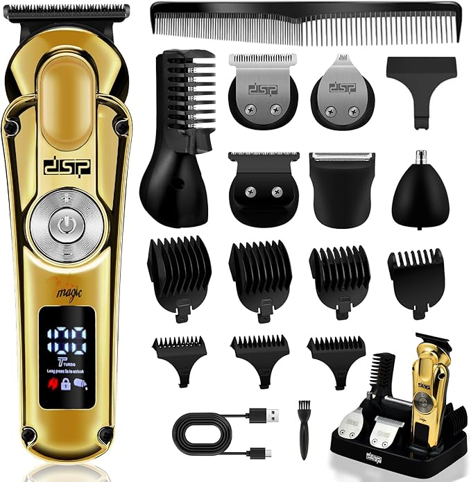 DSP Men's Grooming Kit Beard Trimmer for Men Nose Trimmer Body Trimmer Foil Shaver T-Blade Mustache Cordless Hair Trimmer IPX6 Waterproof2 Speeds Adjustable Gift for Men (Gold)