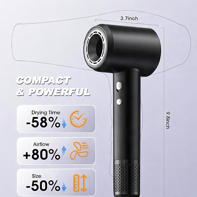 Hair Dryer Professional Ionic Hair Dryer 1600W Ultra-Fast Drying 500 Million Negative Ions Low Noise 160000 RPM Compact Blow Dryer with Magnetic Diffuser (Night Black)