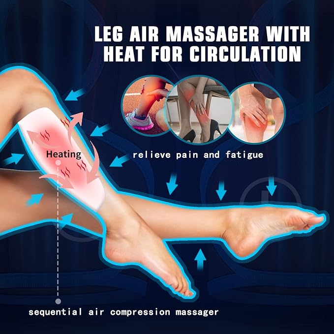 Rechargeable Leg Massager with Heat for Circulation Air Compression Pain Relief Calf Foot Massager Electric Machine Massage Handheld Controller 3 Intensities 3 Modes