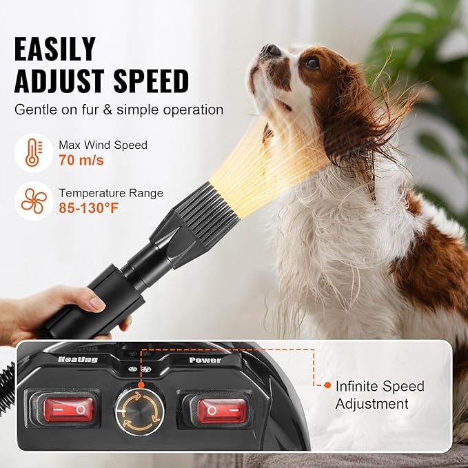 Happybuy Dog Dryer: A 2000W/2.7HP Powerhouse for Pet Grooming. Featuring Adjustable Speed and Temperature Control Along with 4 Nozzles and an Extendable Hose