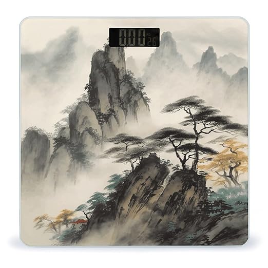 Chinese Landscape Painting Scale for Body Weight Safe Rounded Corners Tempered Glass Digital Bathroom Scale LED Display 400lb Capacity Weight Scales with High Precision Sensors