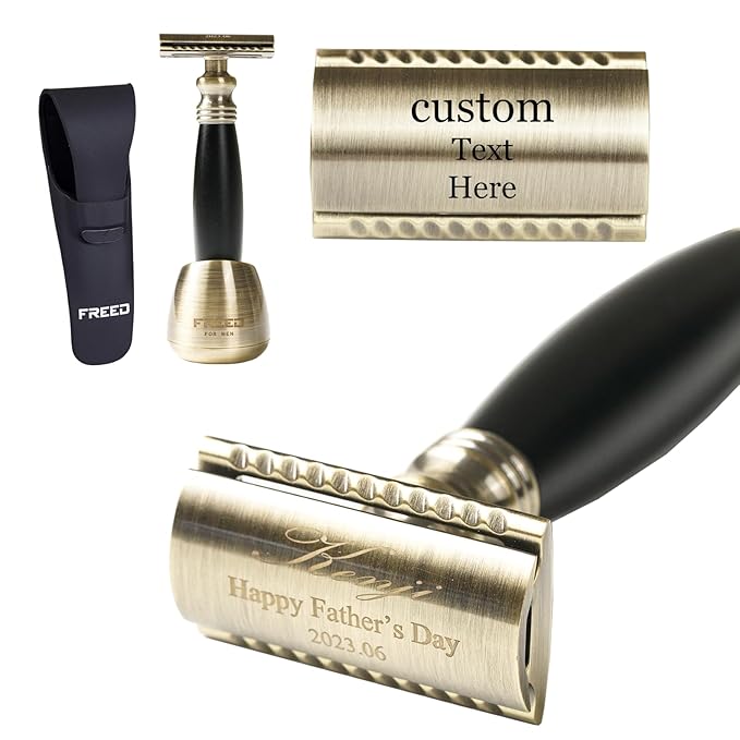 FREED Bronze Series Customized gifts Engraving Shaving Kit - Safety Razor with metal handle include razor travel caserazor baseand 10 bladesIt's the best gift for men (Black)