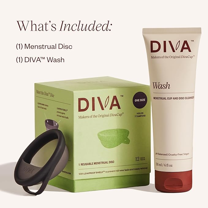 DIVA Disc &amp DIVA Wash Combo Pack - Comfortable Reusable Menstrual Disc with Leakproof Shield - Period Disc for Up to 12 Hours of Continuous Wear - Wash for Period Disc - Disc Size Fits Most