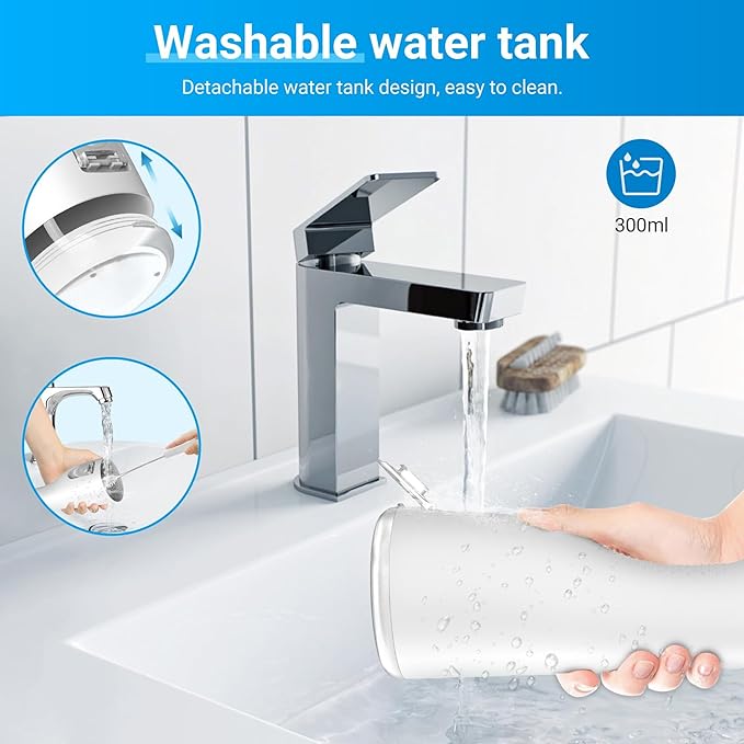 Portable Water Flosser for Teeth - 4 Modes Cordless Oral Irrigator with 300ML Tank 360° Rotating Nozzle 4 Jet Tips Rechargeable IPX7 Waterproof Low Noise Gravity Ball Design (M159 - White)