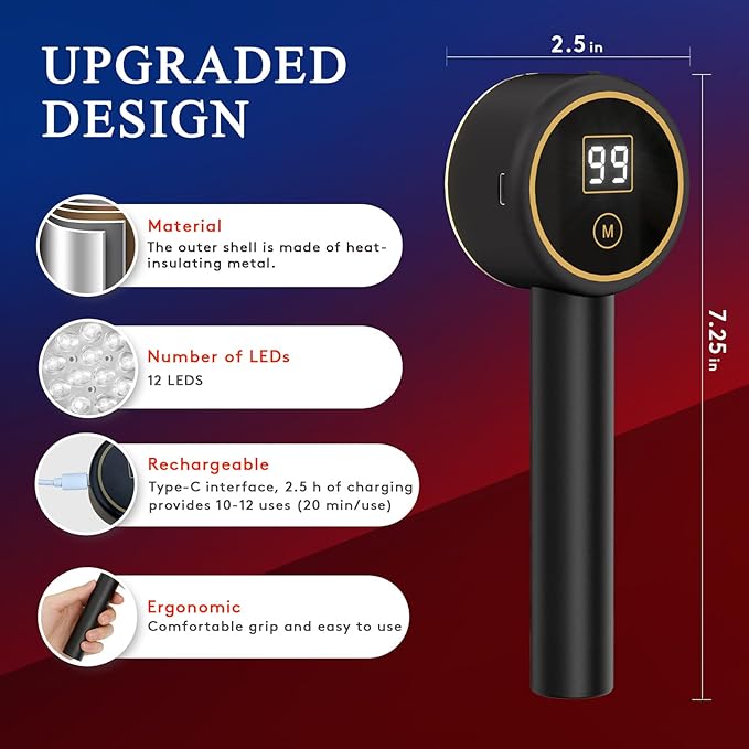 UTK Handheld Blue &amp Red Light Therapy Device with 4 Wavelengths (470/660/850/940nm) Near Infrared Red Light Deeply Pain-Relief Red Light Therapy for Body &amp Face Portable Gift for Women