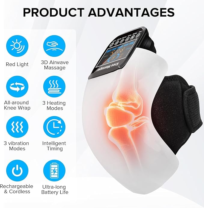 4-in-1 Knee Massager – Deep Heat Red Light Vibration &amp 3D Massage Cordless and Portable with large LED Screen Ideal for Joint Pain Relief &amp Post-Workout Recovery Gift for Families and Fri