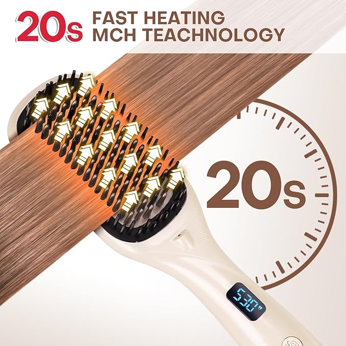 Hair Straightener Brush- Hair straighteners for Women Ceramic Ionic Straightener Comb with Less Frizz | 20s Fast Heating | 2 in 1 Flat Iron Brush Dual Voltage Travel Champagne
