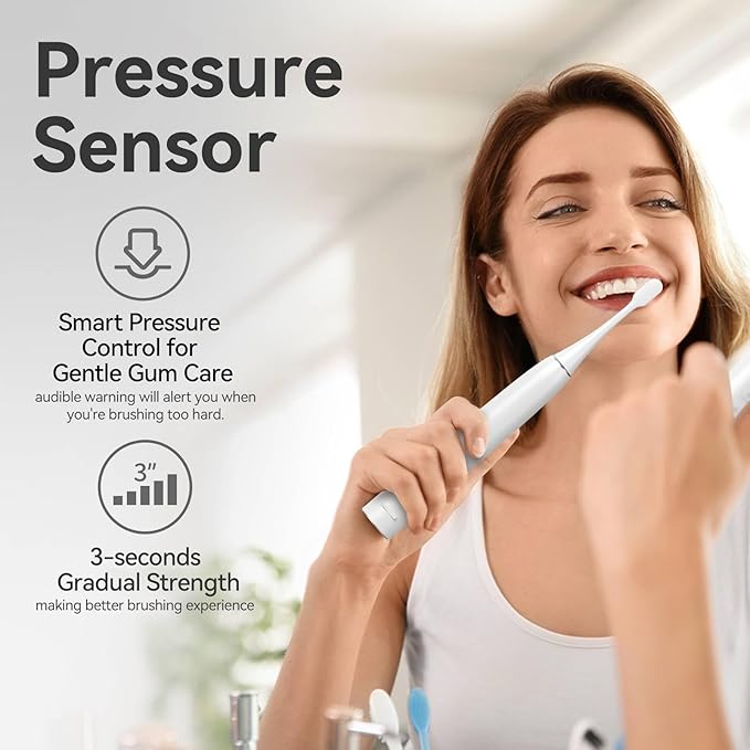 SEAGO Electric Toothbrush for Adults with Pressure Sensor Sonic Toothbrushes Holder Wall Mounted 30 Days Battery Life 5 Cleaning Modes 8 Replacement Heads Timer &amp IPX7 Waterproof(White Middl