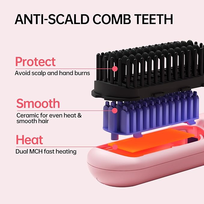2Pcs Numoya GoBrush Pro 2025 Cordless Hair Straightener Brush for Short Hair Portable Travel Hair Straightener Cepillo Alisador De Cabello 9 Temp Settings 9600mAh Rechargeable (Pink)