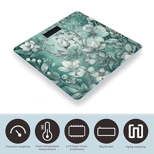 Digital Bathroom Scale for Body Weight Scale with Bright LCD Display High Accuracy Step-On Technology Auto On/Off Mint Green Floral Digital Scales 400 Lbs /180kg