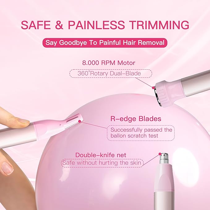 Nose Hair Trimmer for Women 3in1 Facial Hair Removal Trimmer - Metal Body Rechargeable Waterproof Portable - Nose Ear Eyebrow Peach-Fuzz Lips Chin (Pink)