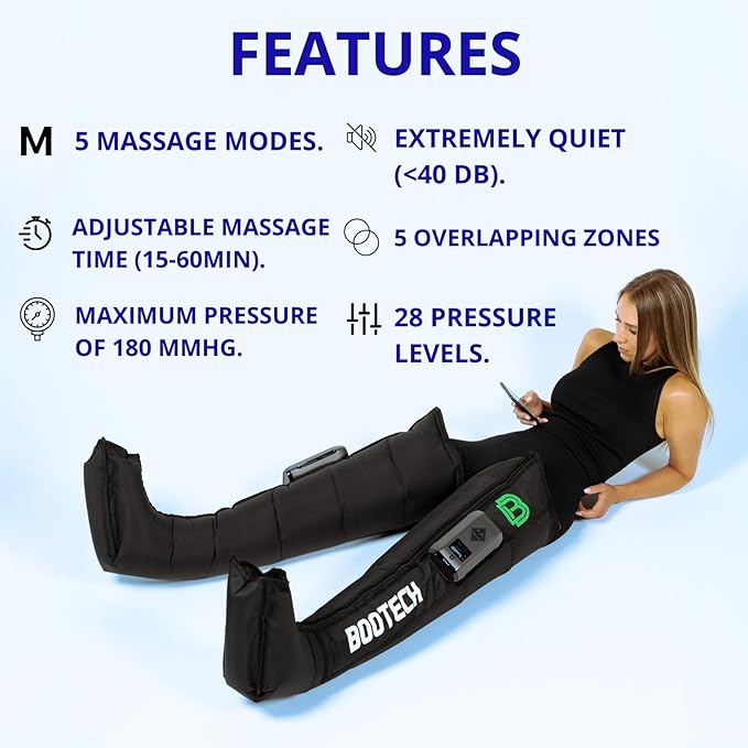 Leg Compression Recovery Boots for Circulation Cordless Air Compression Therapy System Rechargeable Massage with 5 Modes 5 Air Chambers 3H Battery with Automatic Deflation Technology (M)